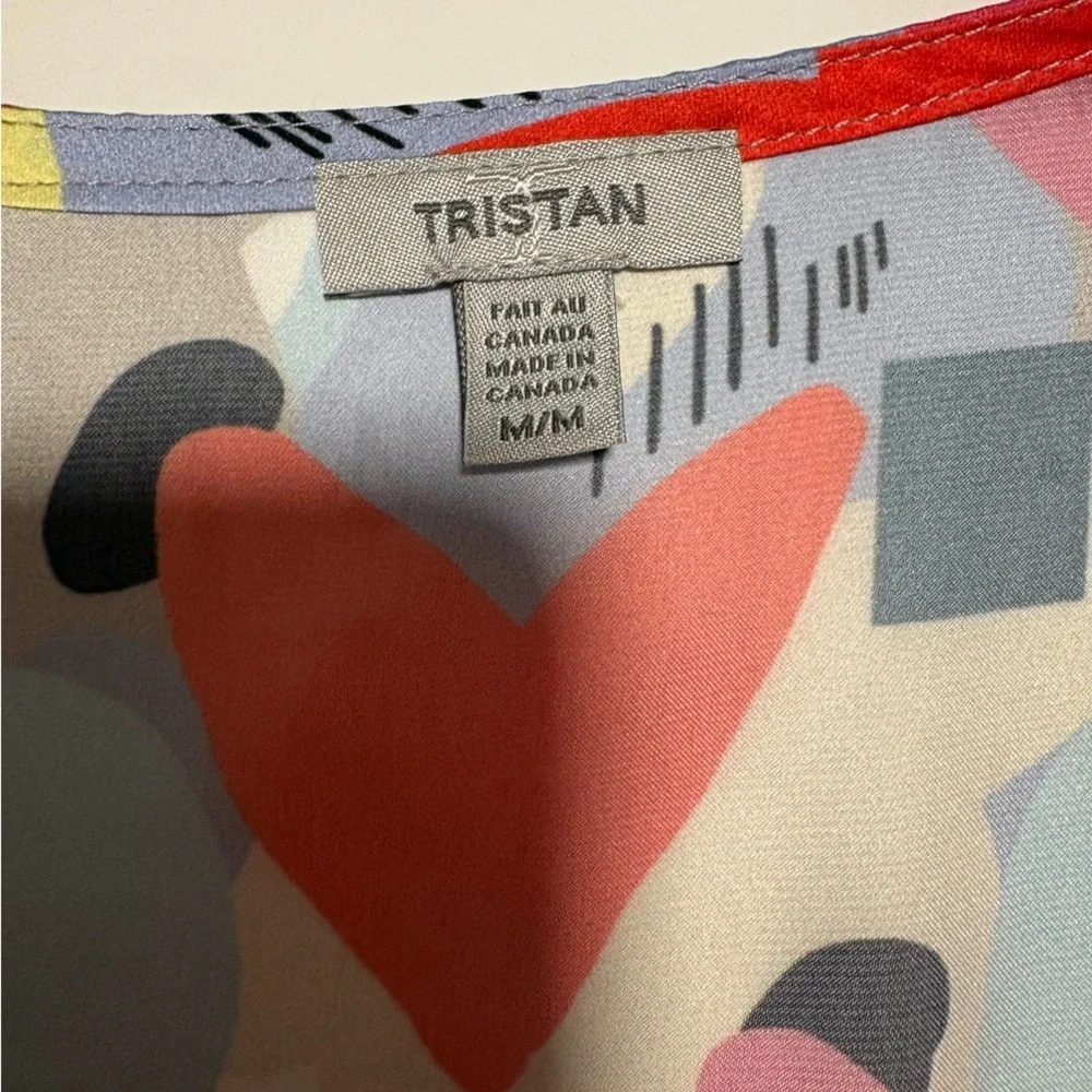 Tristan Multicolor Abstract Heart Print Tie Front V Neck Blouse Size M - Picture 9 of 14